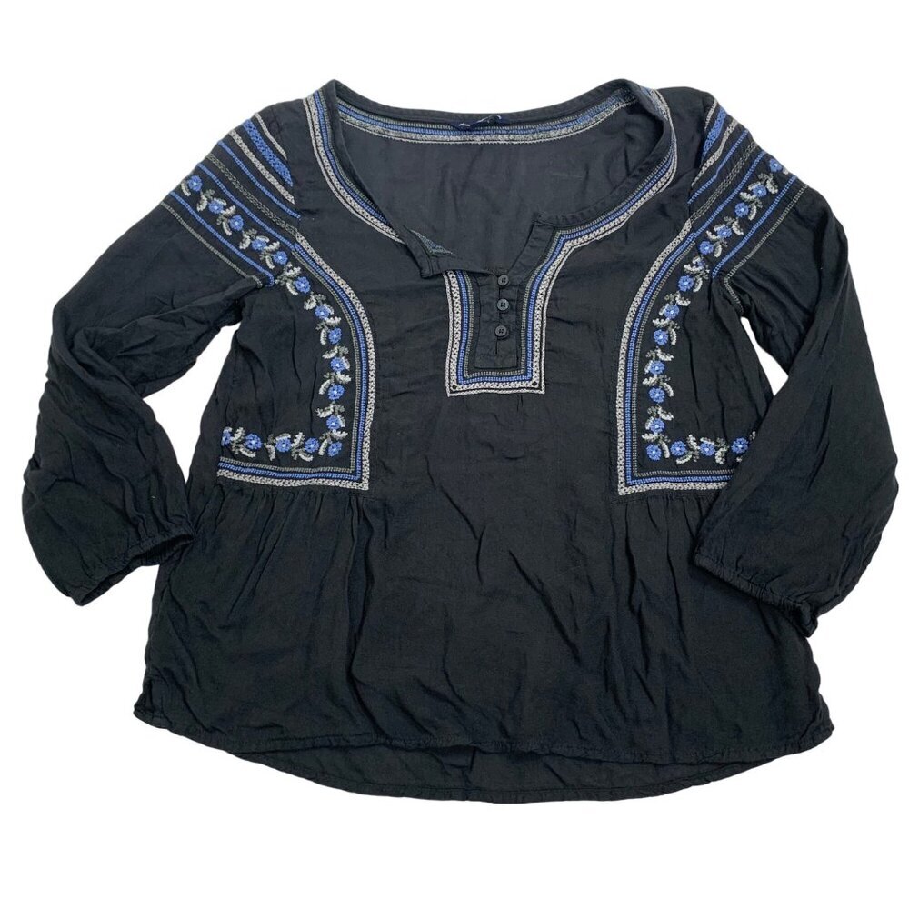 American Eagle Outfitters Black & Blue Embroidered Boho Top XS